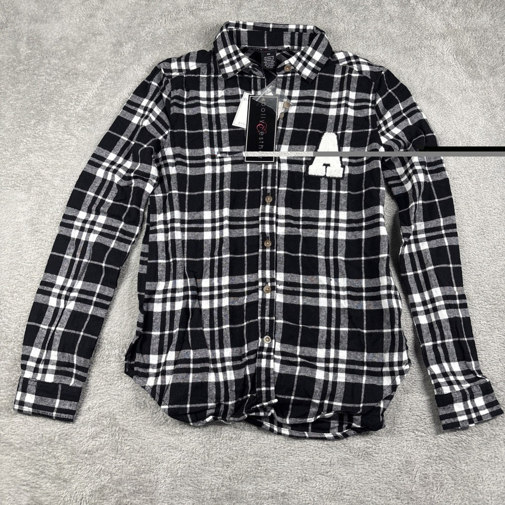 POLLY & ESTHER Button Up PLAID Shirt Top 100% Rayon Black White Long Sleeve XS